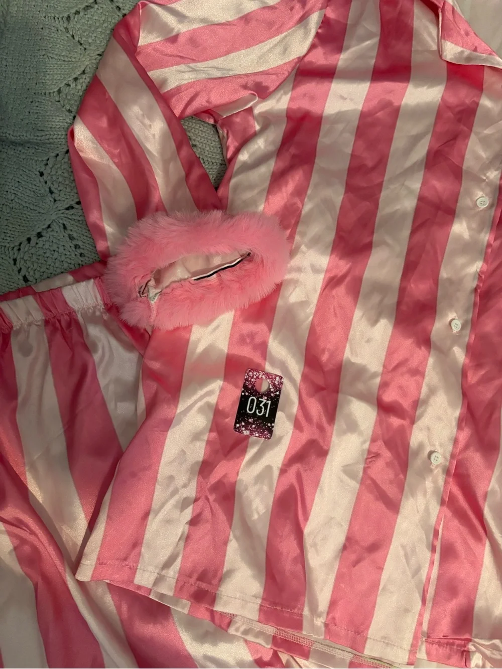 Pink Satin Stripe Pajama Set with Feathered Cuffs - Picture 4 of 6